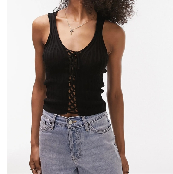 Topshop Tops - NWT Topshop Corset Tie Front Knit Singlet Tank in Black Viscose, Sz XS